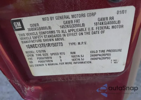 2001 Chevrolet Tahoe Lt из США, поврежденный, VIN 1GNEC13T61R150773